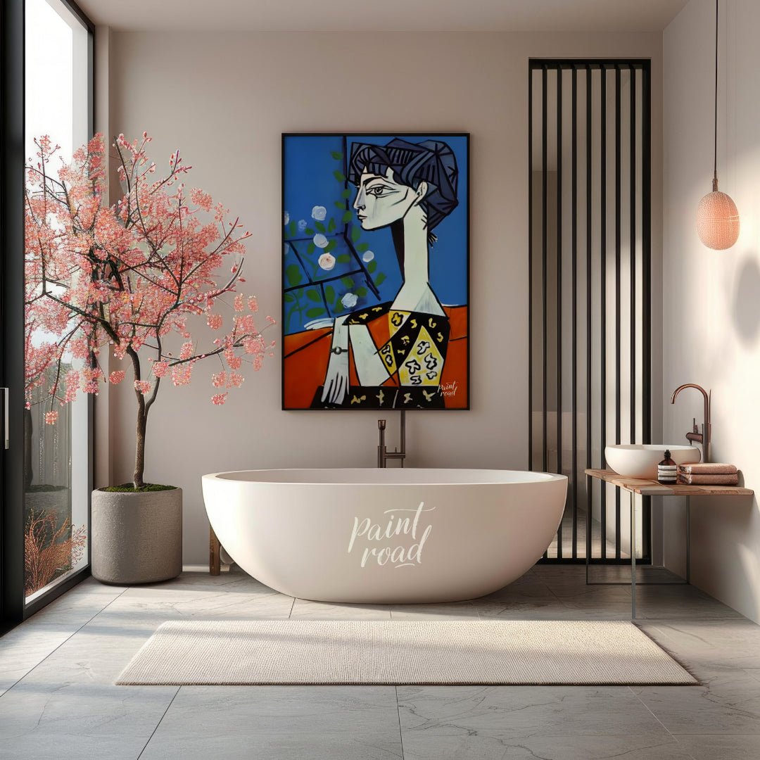 Jacqueline with Flowers Painting available online at Paintroad showing 20th century art collector and art decor