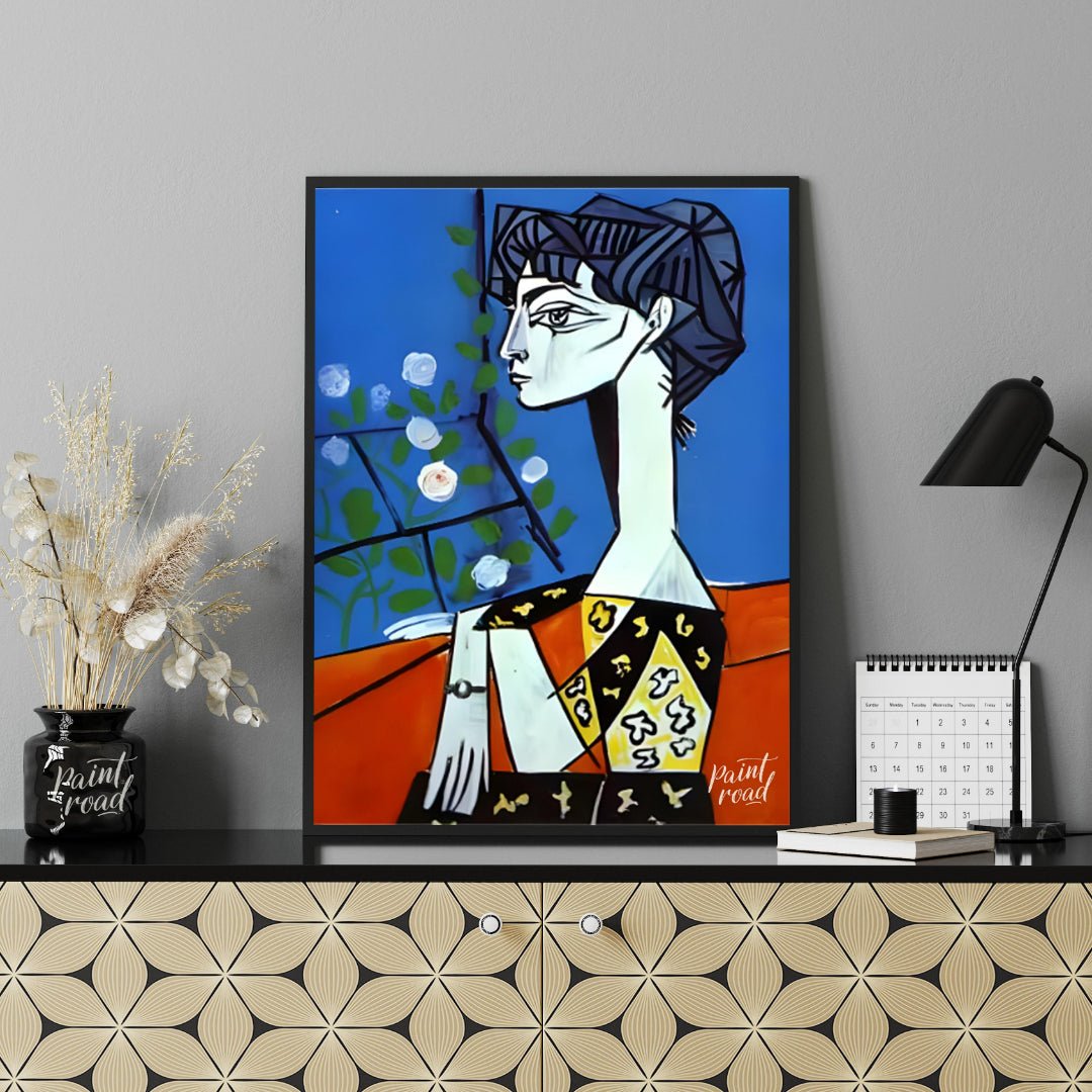 Jacqueline with Flowers Painting available online at Paintroad showing 20th century art collector and art decor