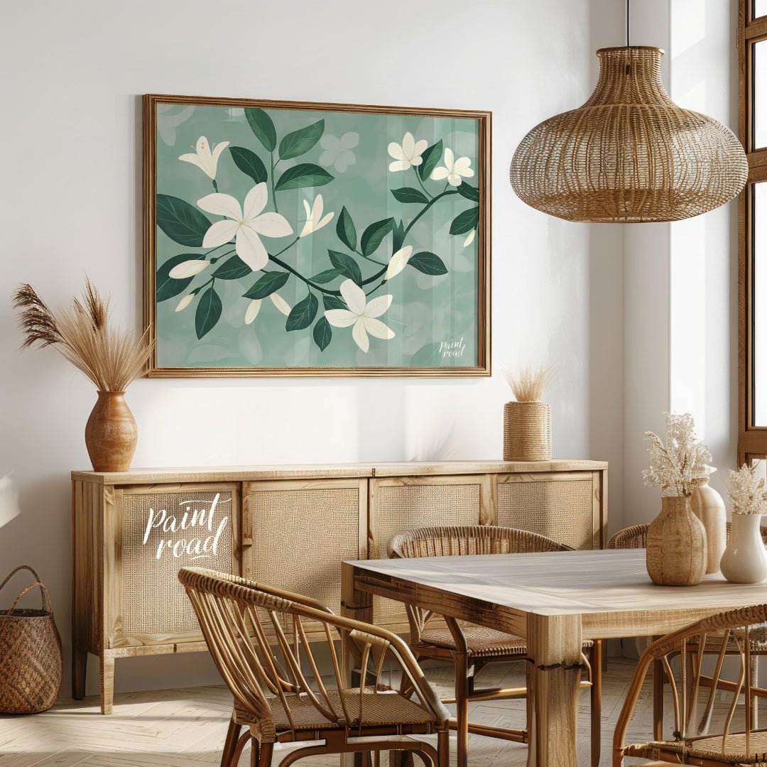 This serene digital illustration features white flowers with delicate petals and lush green leaves,… for dining room