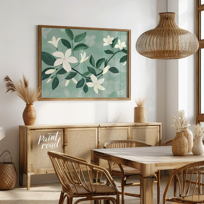 This serene digital illustration features white flowers with delicate petals and lush green leaves,… for dining room