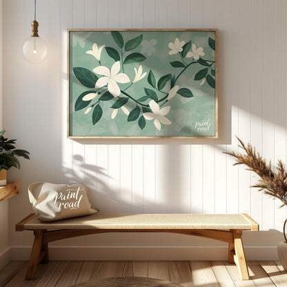 This serene digital illustration features white flowers with delicate petals and lush green leaves,… for entryway