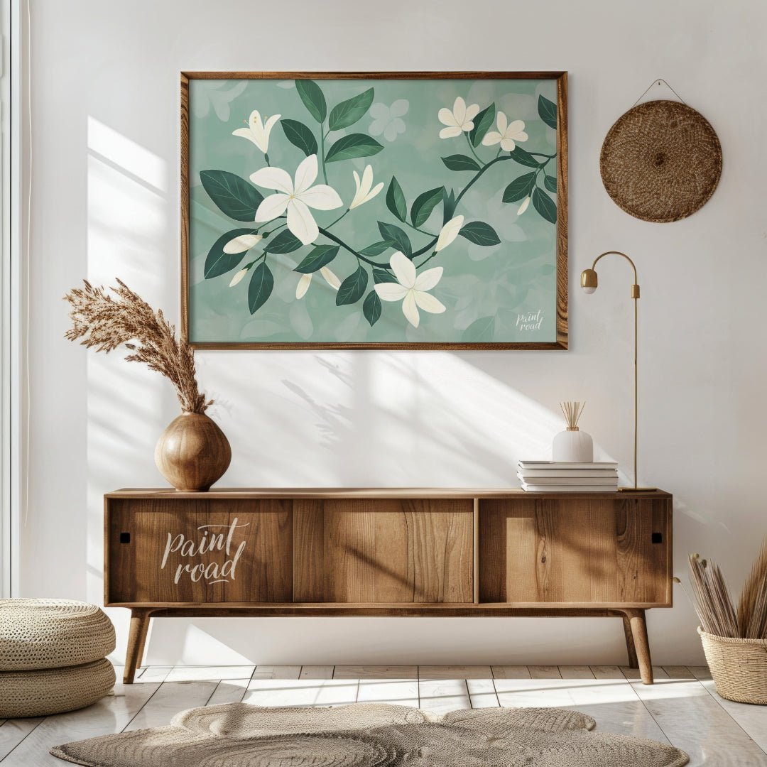 This serene digital illustration features white flowers with delicate petals and lush green leaves,… for living room
