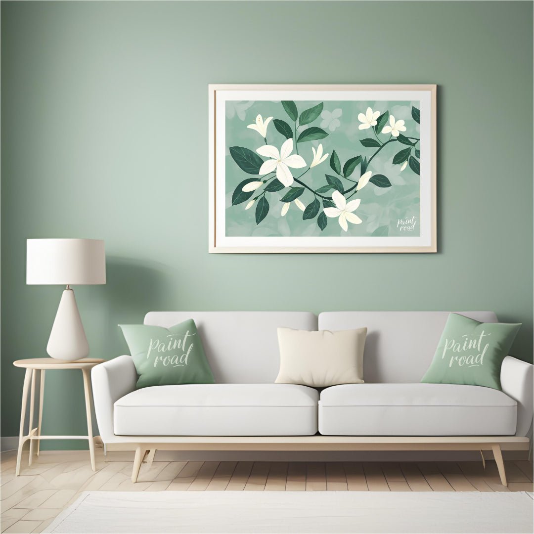 This serene digital illustration features white flowers with delicate petals and lush green leaves,… for living room