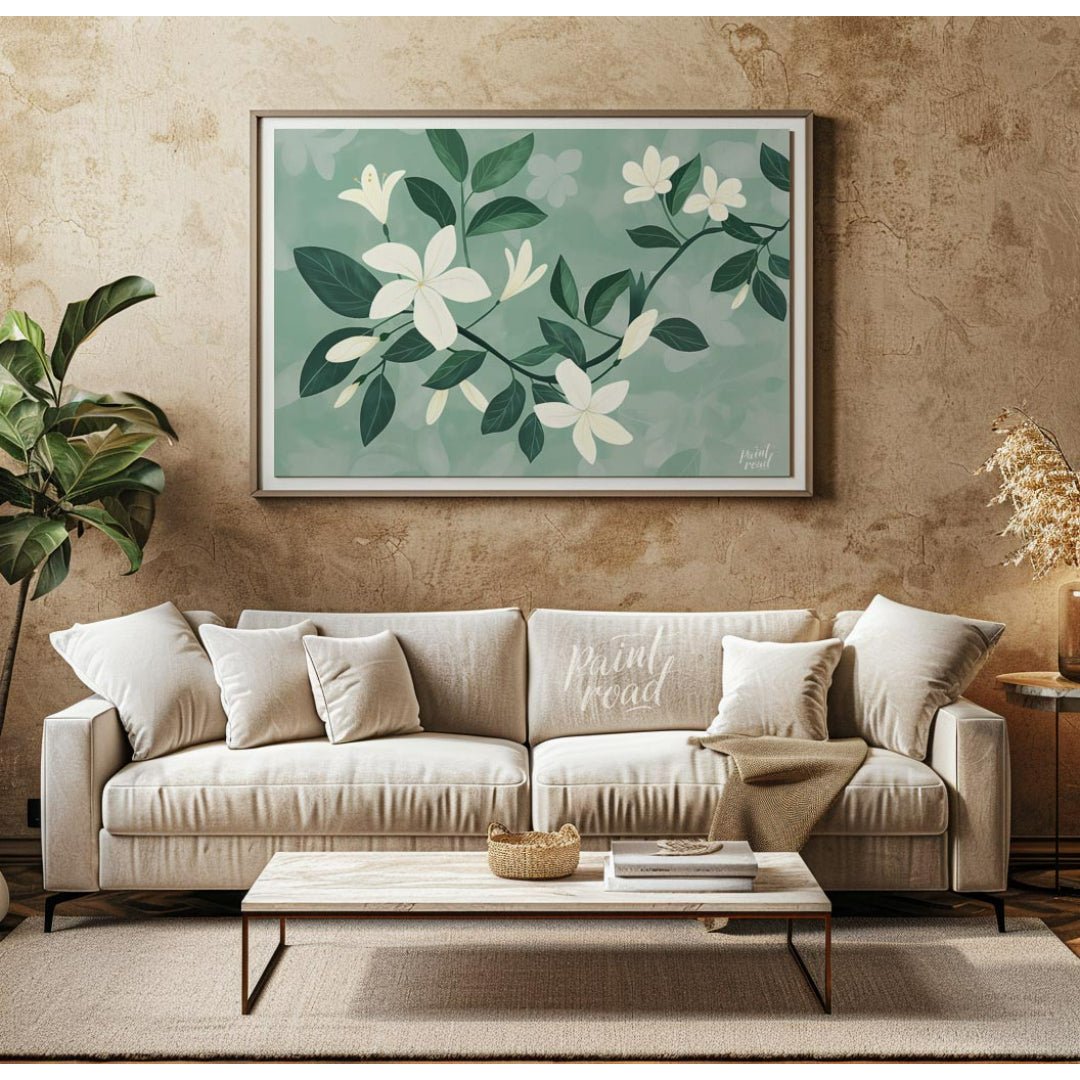 This serene digital illustration features white flowers with delicate petals and lush green leaves,… for living room