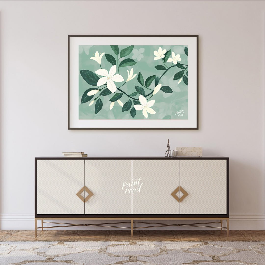 This serene digital illustration features white flowers with delicate petals and lush green leaves,… for living room
