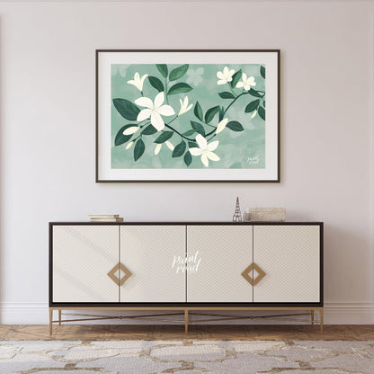 This serene digital illustration features white flowers with delicate petals and lush green leaves,… for living room