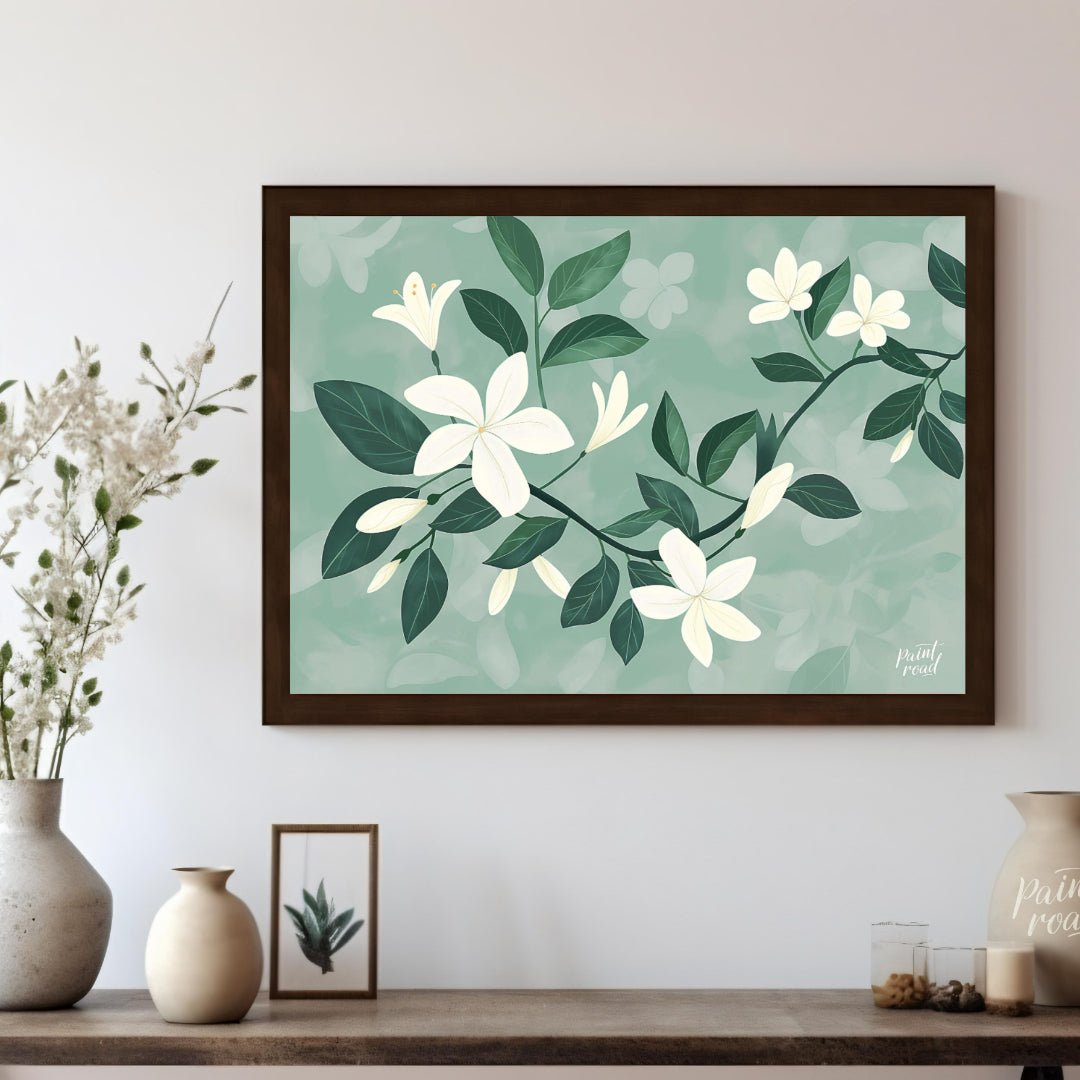 This serene digital illustration features white flowers with delicate petals and lush green leaves,… for living room