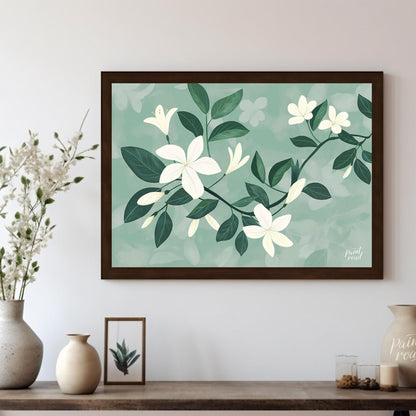 This serene digital illustration features white flowers with delicate petals and lush green leaves,… for living room