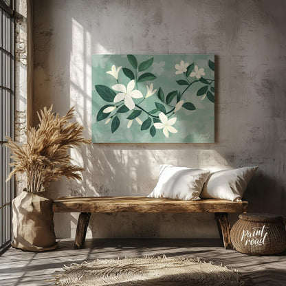 This serene digital illustration features white flowers with delicate petals and lush green leaves,… for living room