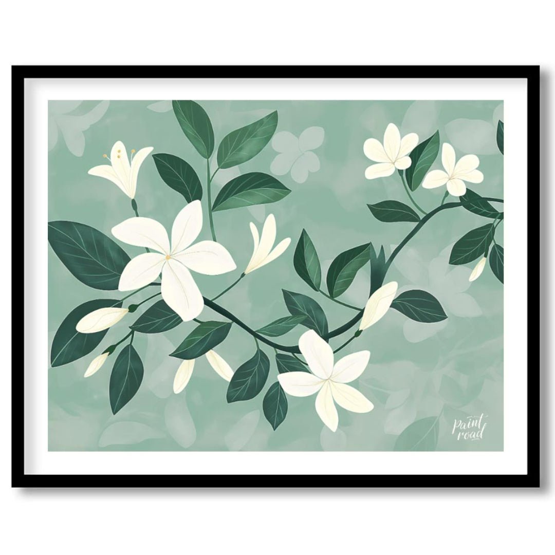 This serene digital illustration features white flowers with delicate petals and lush green leaves,… for lovely house