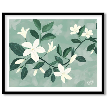 This serene digital illustration features white flowers with delicate petals and lush green leaves,… for lovely house