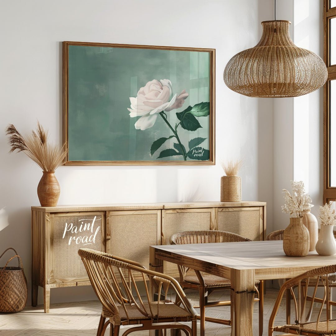 This serene digital illustration features a white rose with delicate petals, set against a soft jad… for dining room