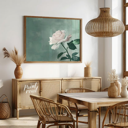 This serene digital illustration features a white rose with delicate petals, set against a soft jad… for dining room