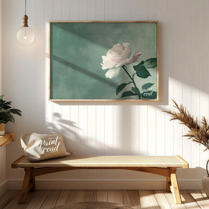 This serene digital illustration features a white rose with delicate petals, set against a soft jad… for entryway