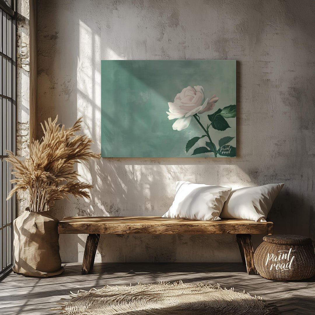 This serene digital illustration features a white rose with delicate petals, set against a soft jad… for entryway