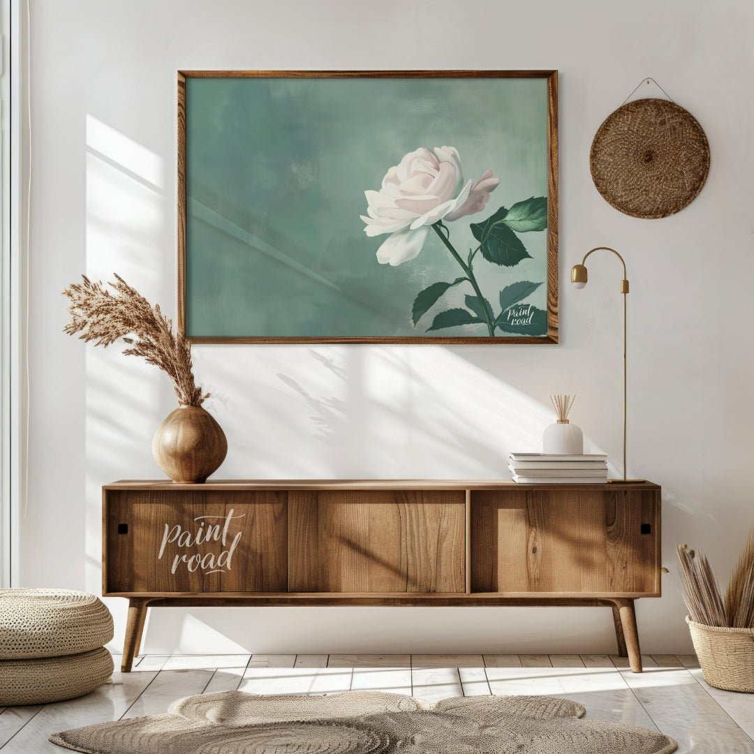 This serene digital illustration features a white rose with delicate petals, set against a soft jad… for living room