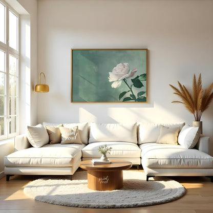 This serene digital illustration features a white rose with delicate petals, set against a soft jad… for living room