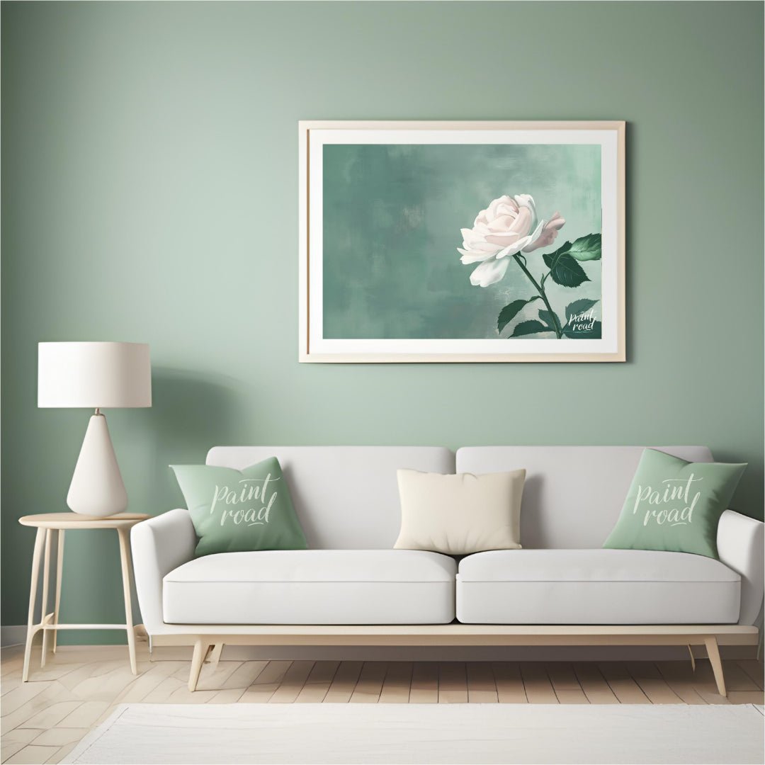 This serene digital illustration features a white rose with delicate petals, set against a soft jad… for living room