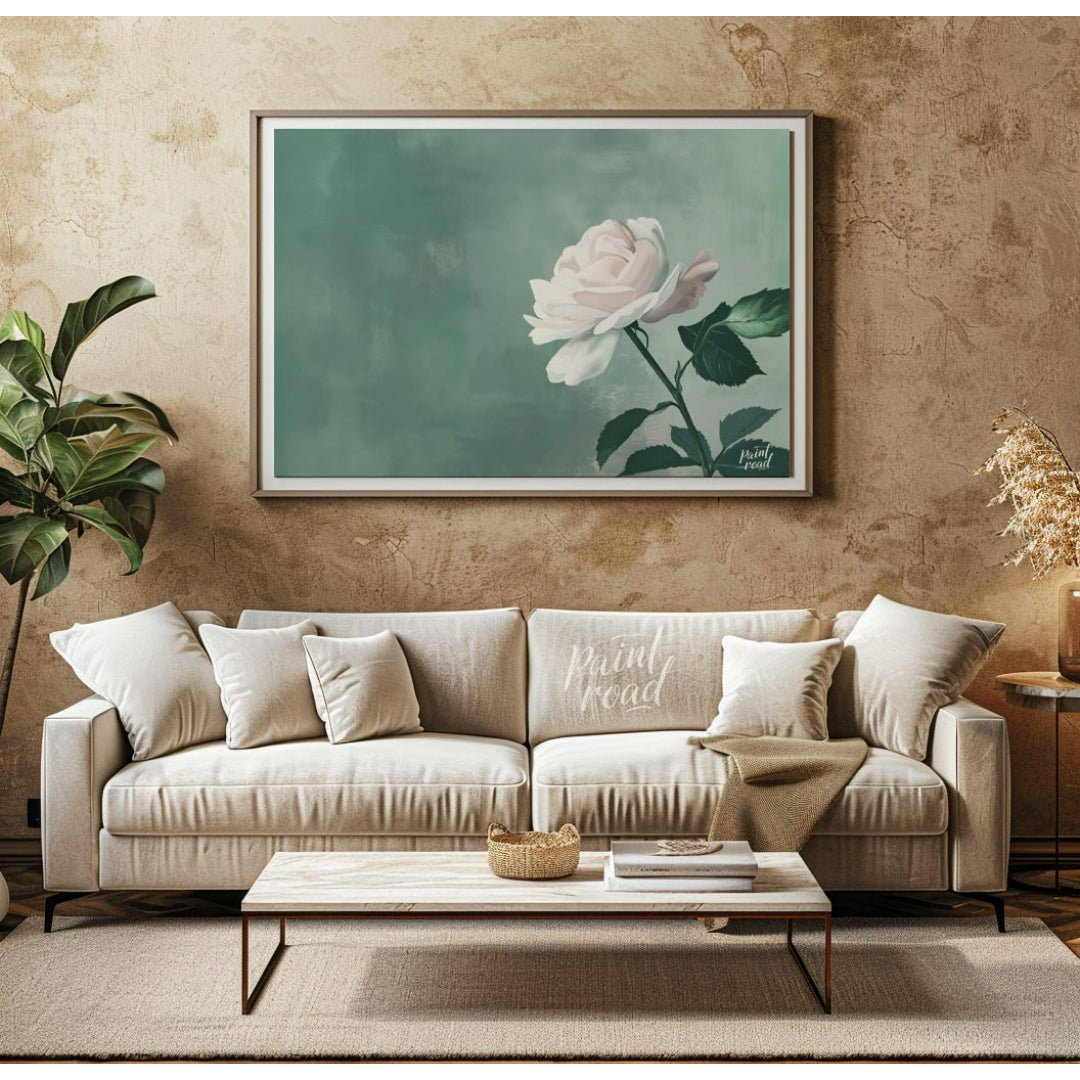 This serene digital illustration features a white rose with delicate petals, set against a soft jad… for living room