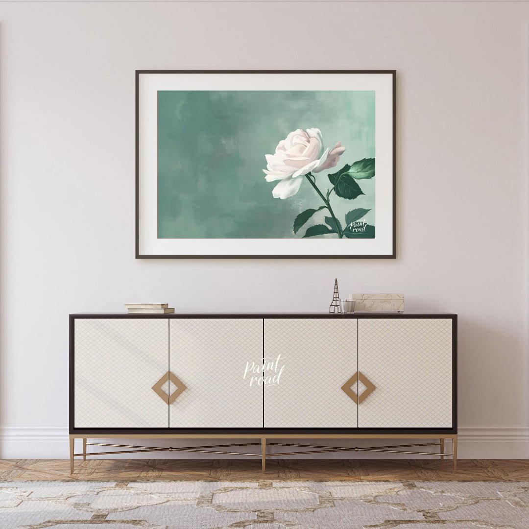 This serene digital illustration features a white rose with delicate petals, set against a soft jad… for living room