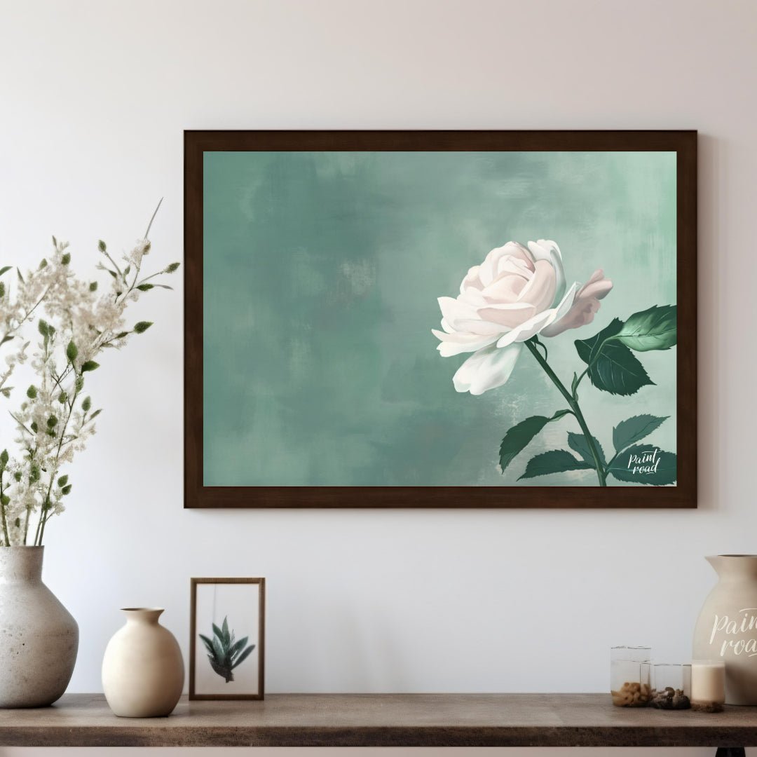 This serene digital illustration features a white rose with delicate petals, set against a soft jad… for living room