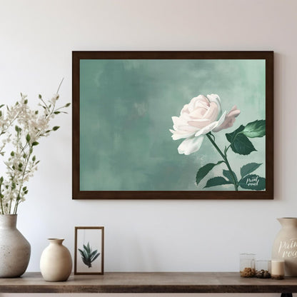 This serene digital illustration features a white rose with delicate petals, set against a soft jad… for living room