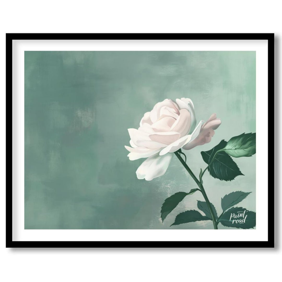 This serene digital illustration features a white rose with delicate petals, set against a soft jad… for space