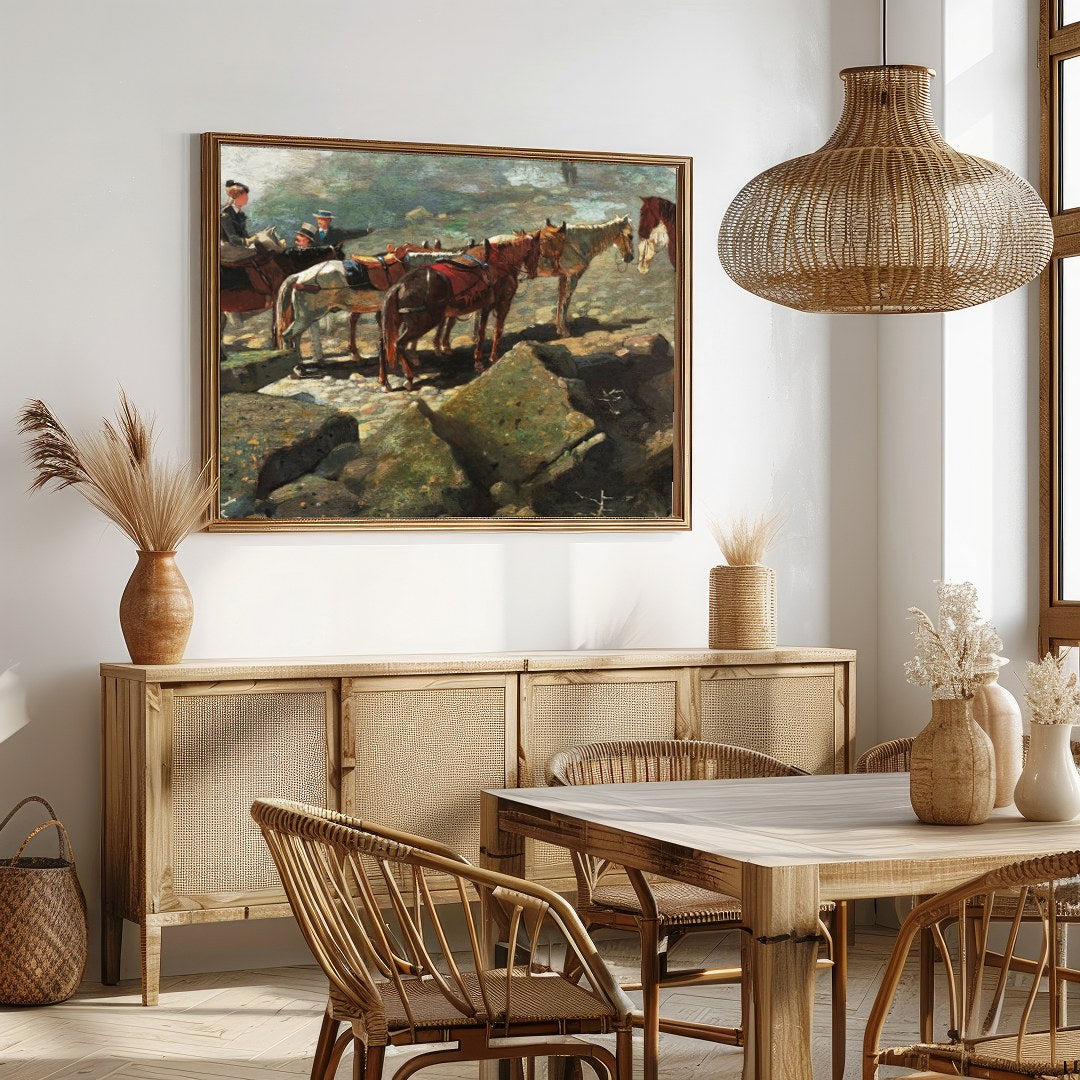 This captivating artwork depicts a serene moment atop a rugged mountain trail, featuring a group of for Dining