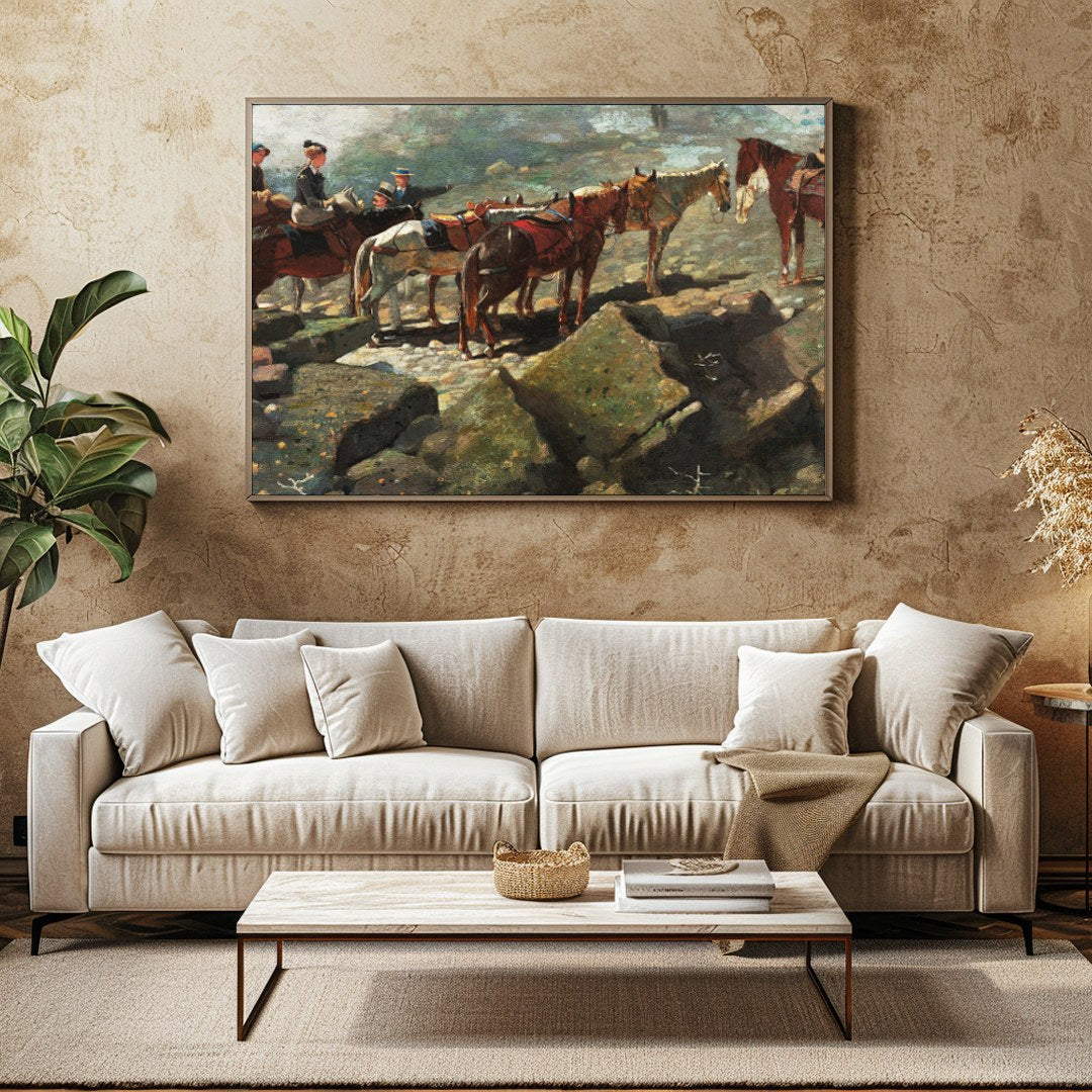 This captivating artwork depicts a serene moment atop a rugged mountain trail, featuring a group of for Family Room