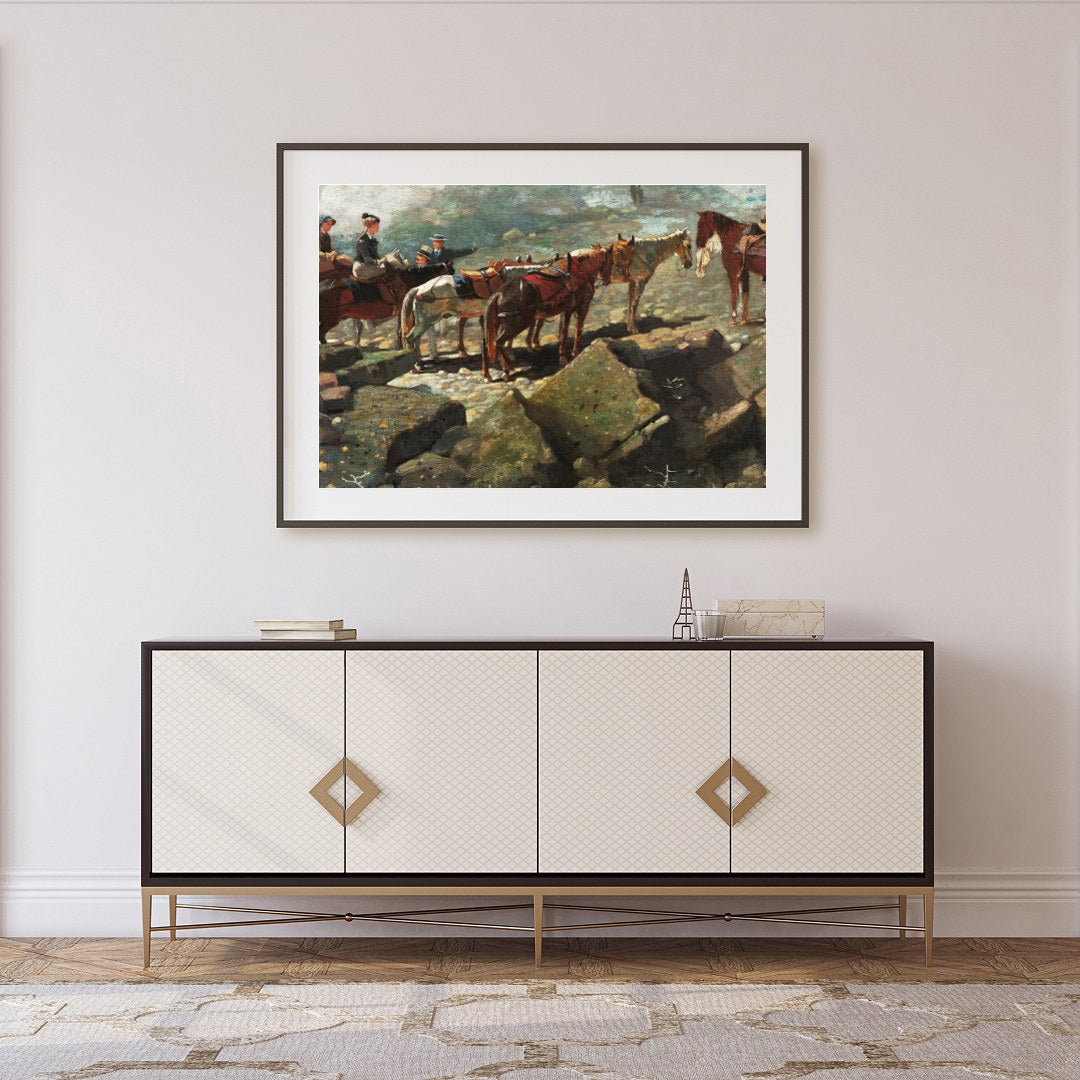 This captivating artwork depicts a serene moment atop a rugged mountain trail, featuring a group of for Foyer