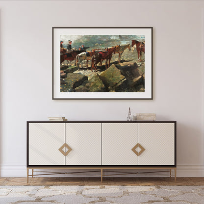 This captivating artwork depicts a serene moment atop a rugged mountain trail, featuring a group of for Foyer
