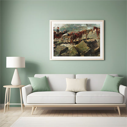 This captivating artwork depicts a serene moment atop a rugged mountain trail, featuring a group of for Hall