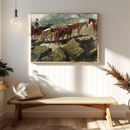 This captivating artwork depicts a serene moment atop a rugged mountain trail, featuring a group of for Hallway