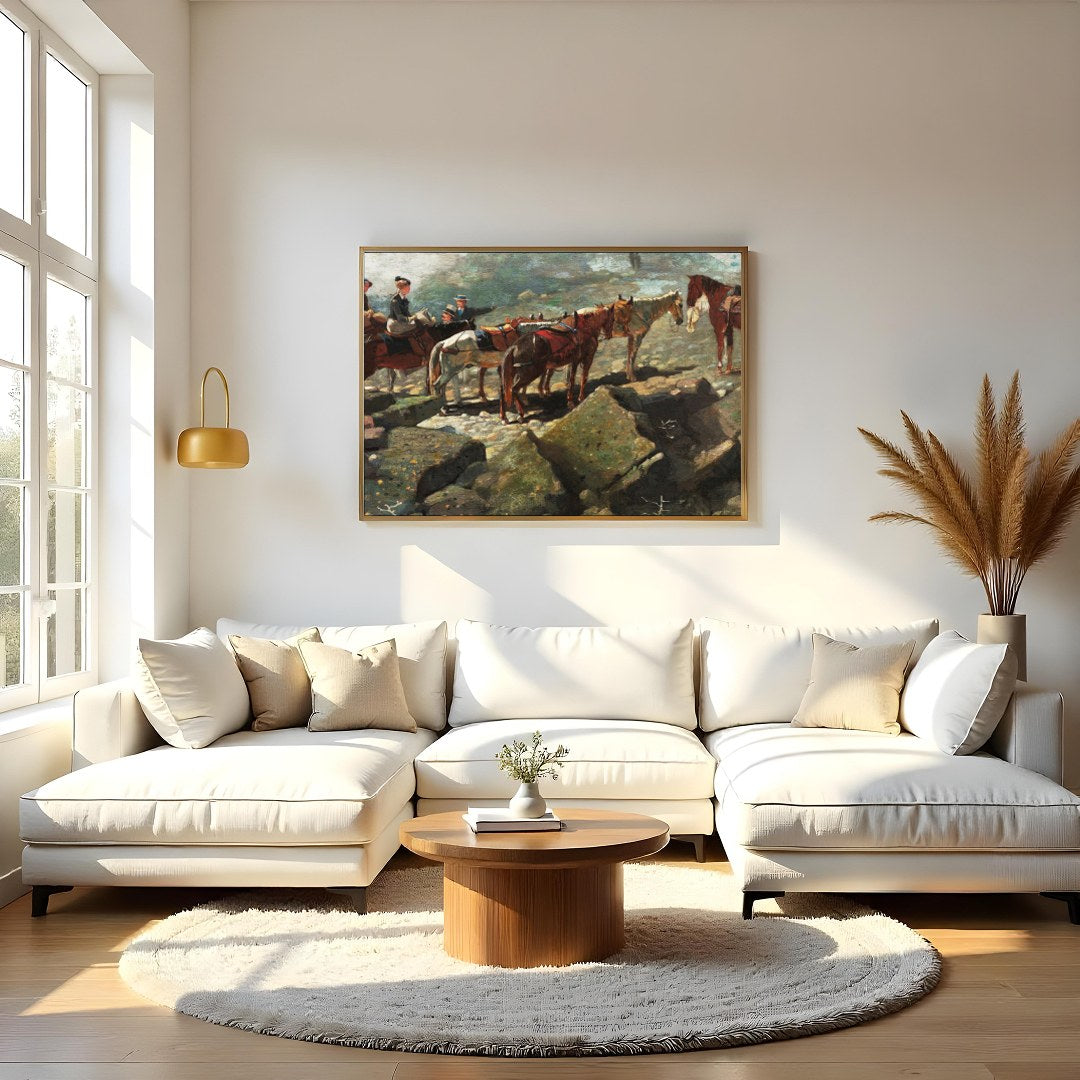 This captivating artwork depicts a serene moment atop a rugged mountain trail, featuring a group of for Living Room