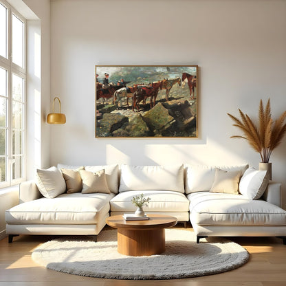 This captivating artwork depicts a serene moment atop a rugged mountain trail, featuring a group of for Living Room