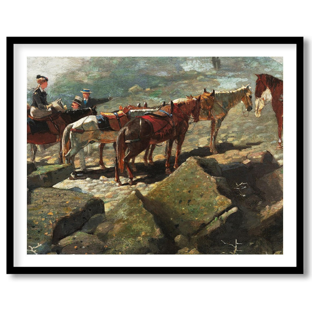 This captivating artwork depicts a serene moment atop a rugged mountain trail, featuring a group of for loft