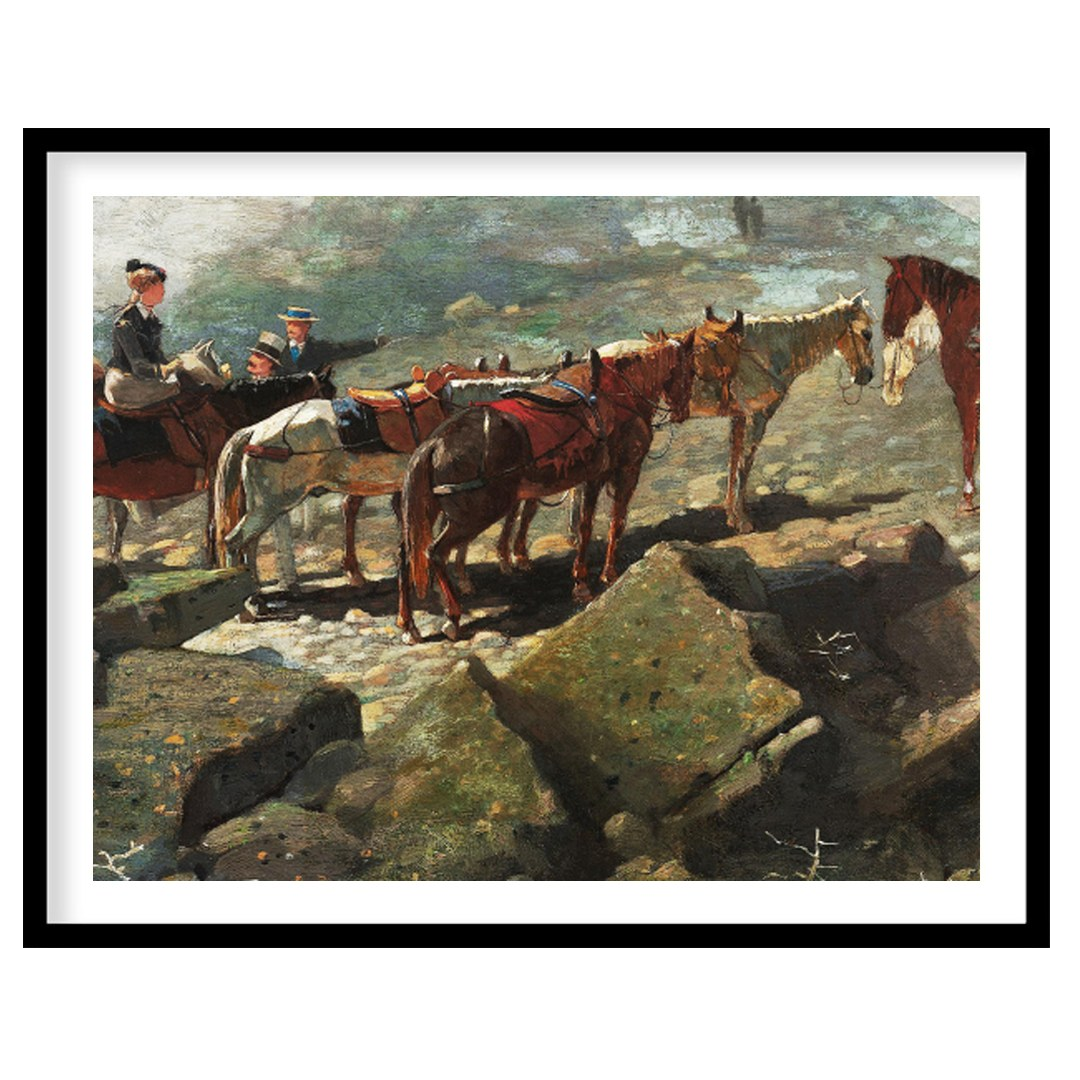 This captivating artwork depicts a serene moment atop a rugged mountain trail, featuring a group of for loft