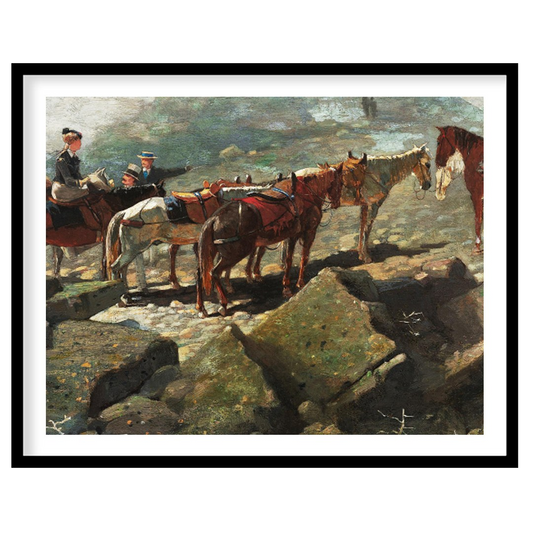 This captivating artwork depicts a serene moment atop a rugged mountain trail, featuring a group of for loft