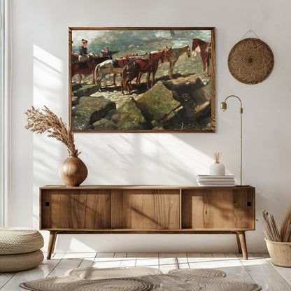 This captivating artwork depicts a serene moment atop a rugged mountain trail, featuring a group of for Sitting Area