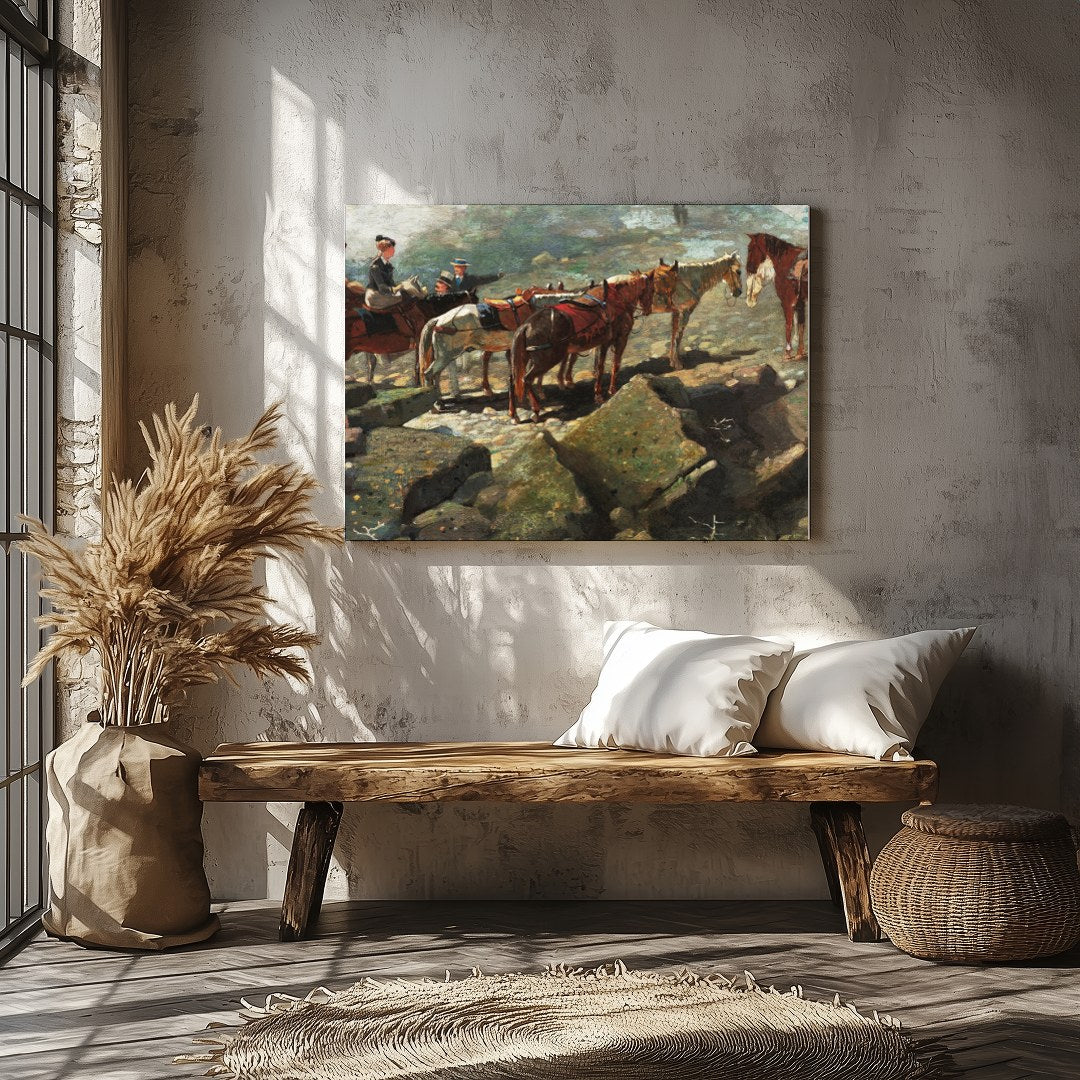 This captivating artwork depicts a serene moment atop a rugged mountain trail, featuring a group of for Veranda