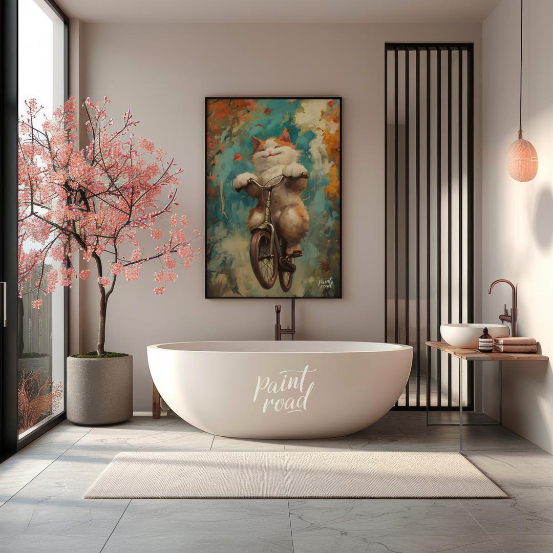 This vibrant digital painting captures a cheerful, fluffy white and ginger cat happily riding a bic… for bathroom