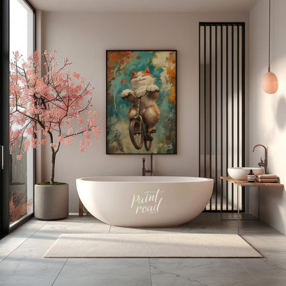 This vibrant digital painting captures a cheerful, fluffy white and ginger cat happily riding a bic… for bathroom