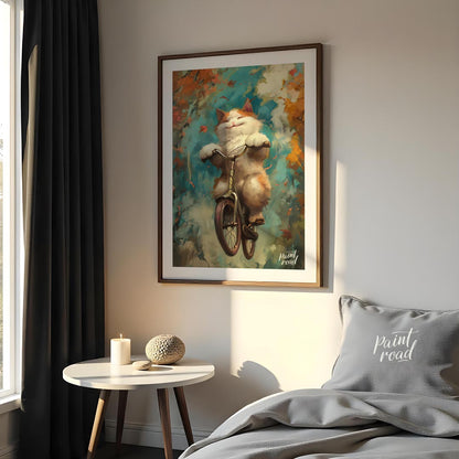 This vibrant digital painting captures a cheerful, fluffy white and ginger cat happily riding a bic… for bedroom