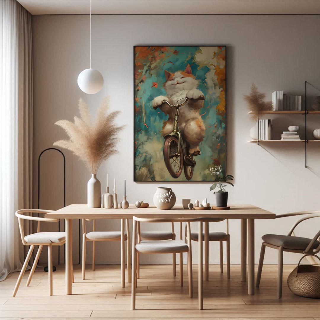 This vibrant digital painting captures a cheerful, fluffy white and ginger cat happily riding a bic… for dining room