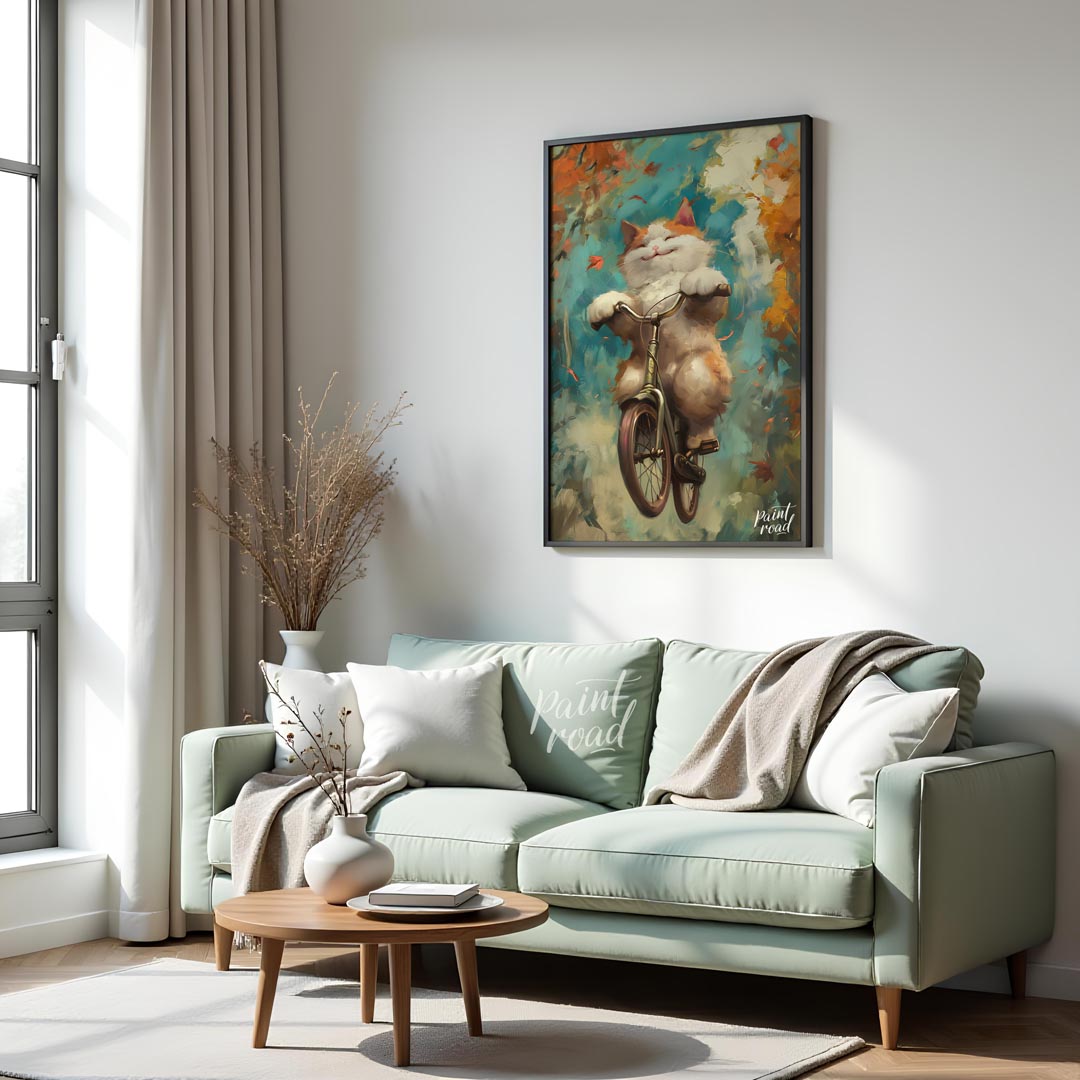 This vibrant digital painting captures a cheerful, fluffy white and ginger cat happily riding a bic… for living room