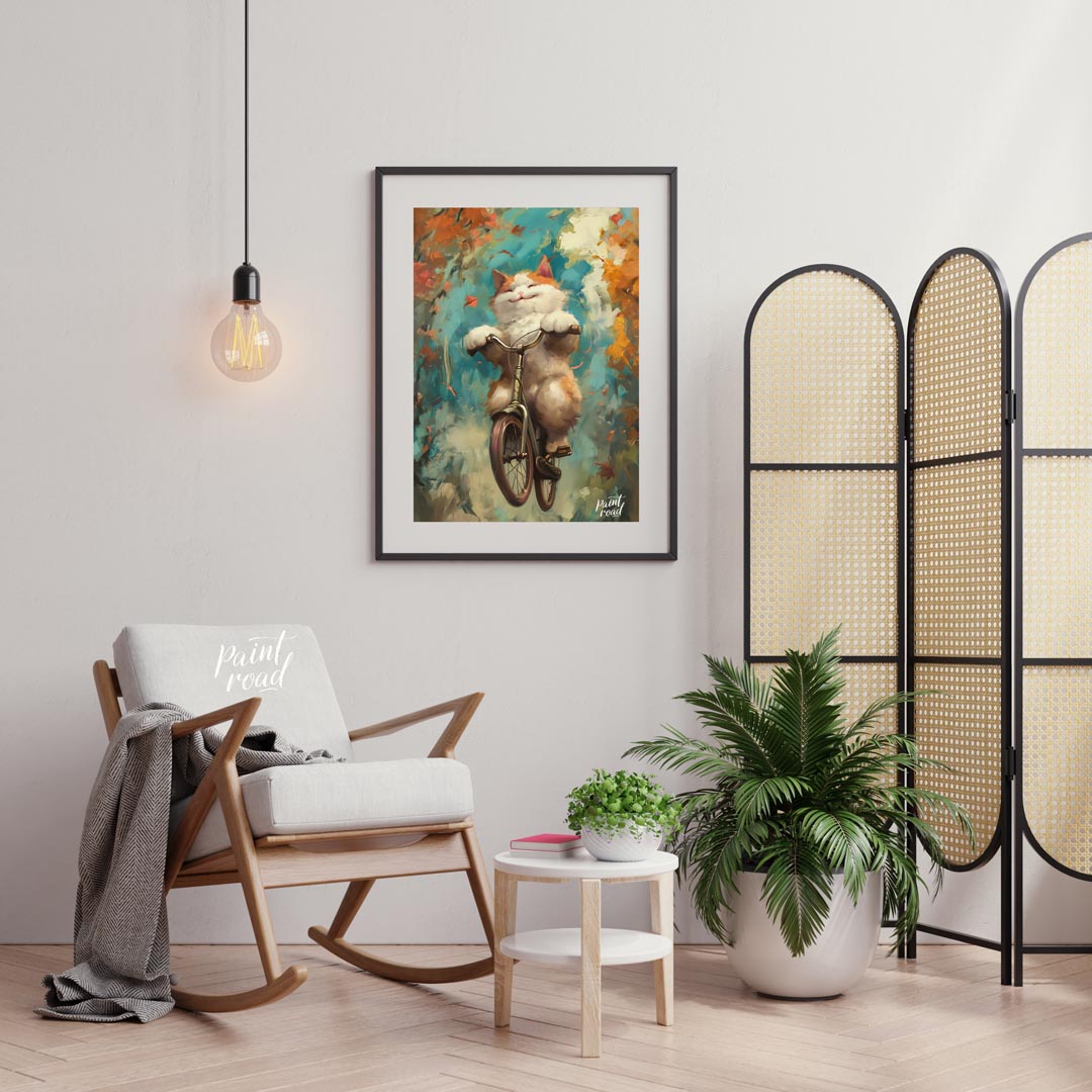 This vibrant digital painting captures a cheerful, fluffy white and ginger cat happily riding a bic… for living room