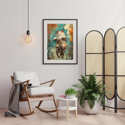 This vibrant digital painting captures a cheerful, fluffy white and ginger cat happily riding a bic… for living room
