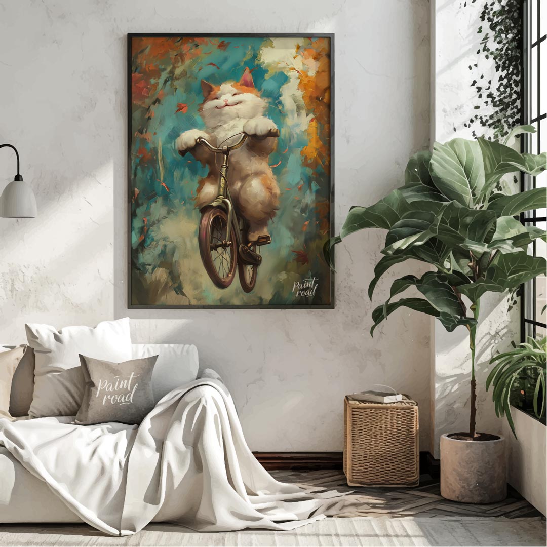 This vibrant digital painting captures a cheerful, fluffy white and ginger cat happily riding a bic… for living room