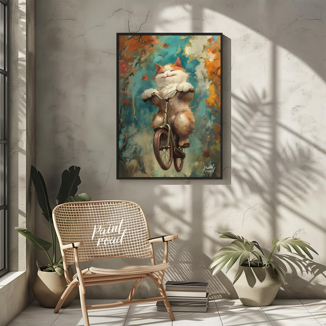 This vibrant digital painting captures a cheerful, fluffy white and ginger cat happily riding a bic… for other