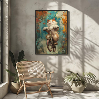 This vibrant digital painting captures a cheerful, fluffy white and ginger cat happily riding a bic… for other